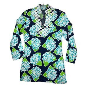 STS Sail to Sable Preppy 100% Linen Navy Floral Long Sleeve V Neck Tunic Size XS